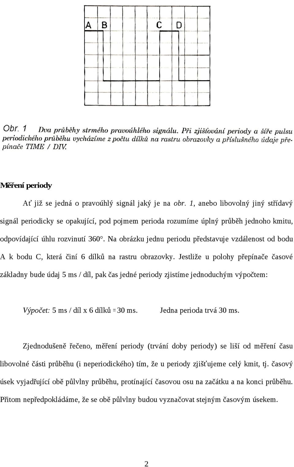 Na obrázku jednu periodu představuje vzdálenost od bodu A k bodu C, která činí 6 dílků na rastru obrazovky.