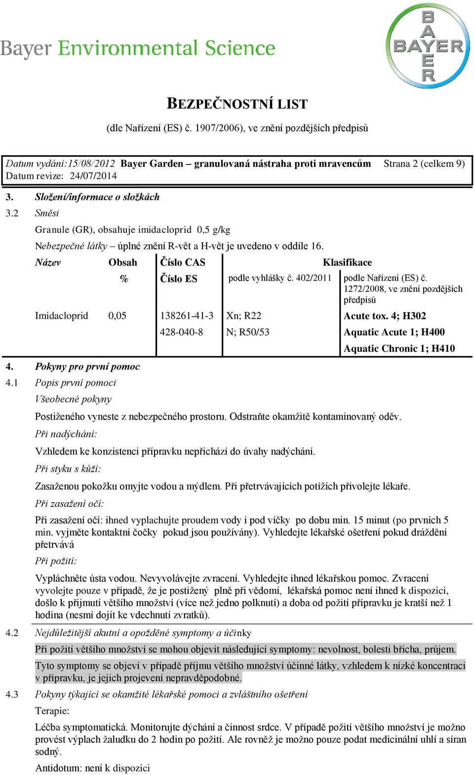 Pokyny pro první pomoc 4.1 Popis první pomoci Všeobecné pokyny 428-040-8 Klasifikace podle vyhlášky č. 402/2011 podle Nařízení (ES) č.