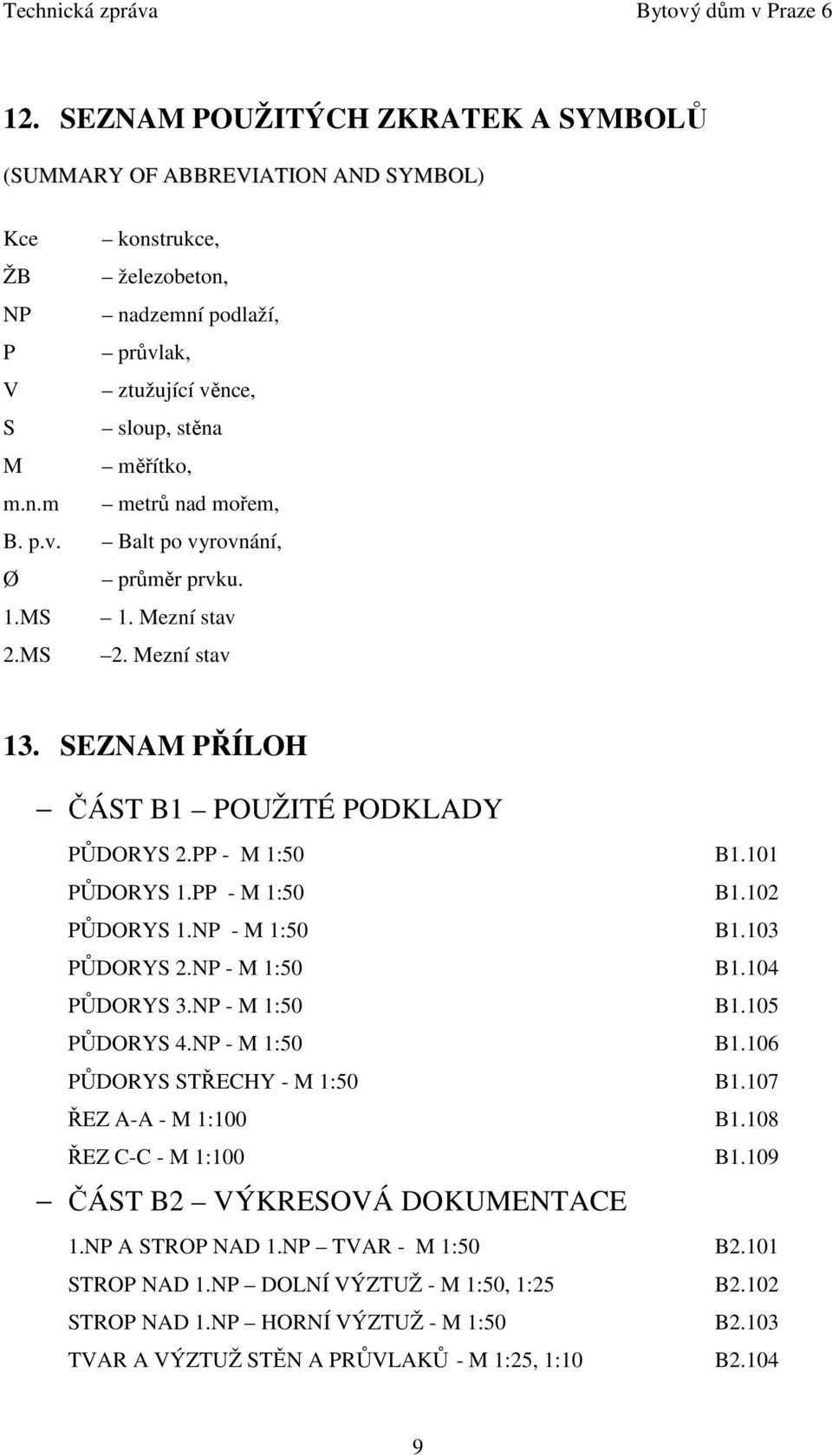 p.v. Balt po vyrovnání, Ø průměr prvku. 1.MS 1. Mezní stav 2.MS 2. Mezní stav 13. SEZNAM PŘÍLOH ČÁST B1 POUŽITÉ PODKLADY PŮDORYS 2.PP - M 1:50 B1.101 PŮDORYS 1.PP - M 1:50 B1.102 PŮDORYS 1.