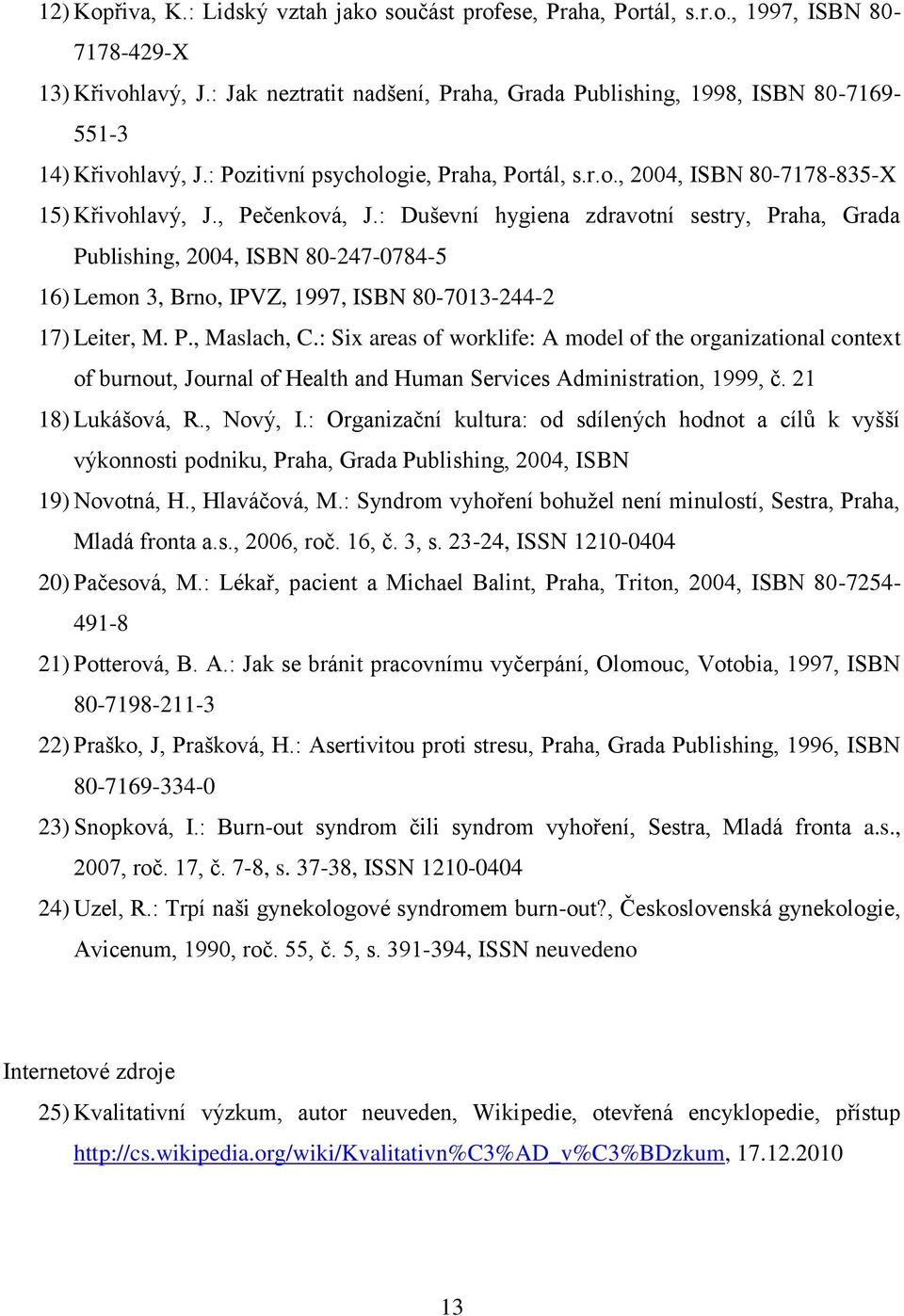: Duševní hygiena zdravotní sestry, Praha, Grada Publishing, 2004, ISBN 80-247-0784-5 16) Lemon 3, Brno, IPVZ, 1997, ISBN 80-7013-244-2 17) Leiter, M. P., Maslach, C.