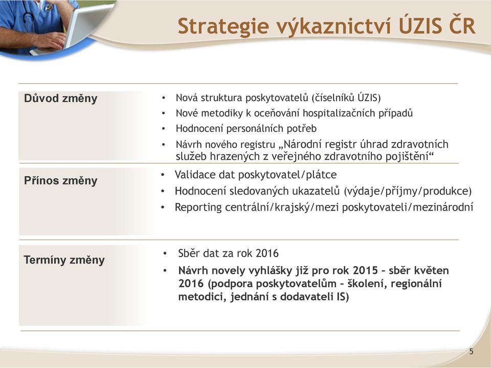 poskytovatel/plátce Hodnocení sledovaných ukazatelů (výdaje/příjmy/produkce) Reporting centrální/krajský/mezi poskytovateli/mezinárodní Termíny změny