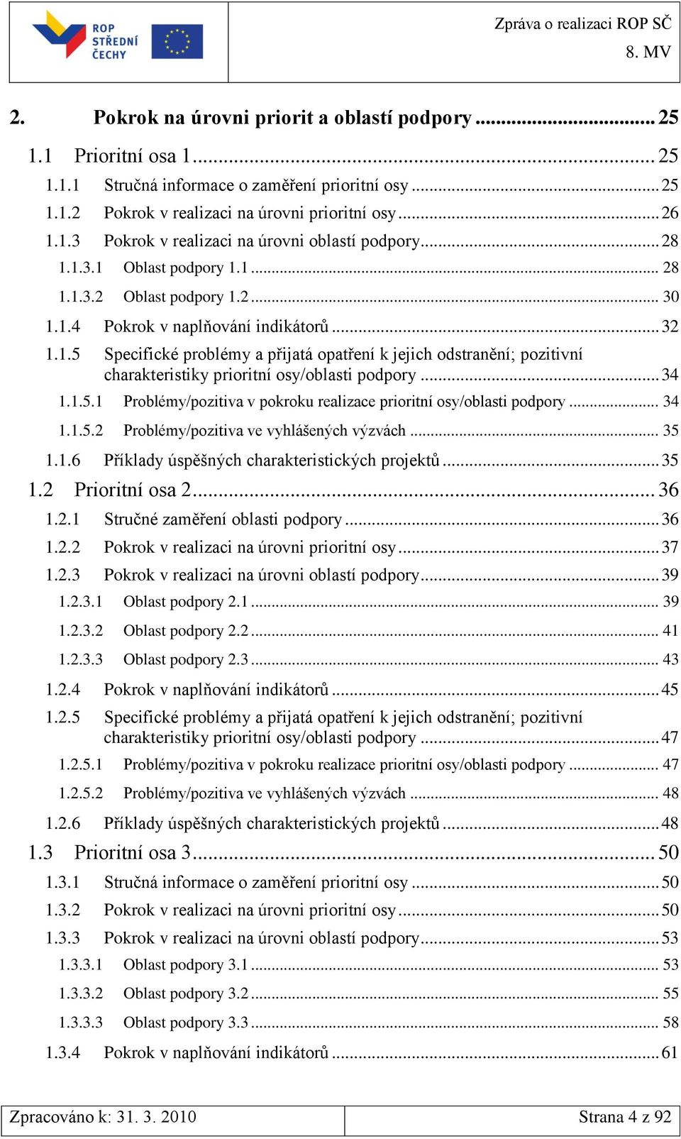 .. 34 1.1.5.1 Problémy/pozitiva v pokroku realizace prioritní osy/oblasti podpory... 34 1.1.5.2 Problémy/pozitiva ve vyhlášených výzvách... 35 1.1.6 Příklady úspěšných charakteristických projektů.