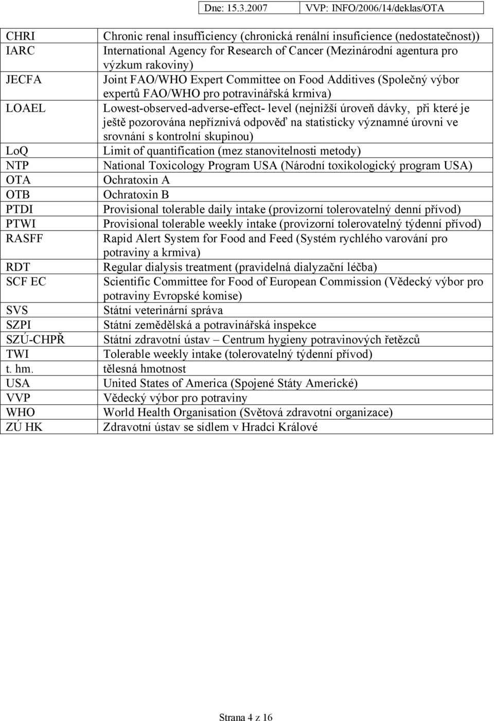 nepříznivá odpověď na statisticky významné úrovni ve srovnání s kontrolní skupinou) LoQ Limit of quantification (mez stanovitelnosti metody) NTP National Toxicology Program USA (Národní toxikologický