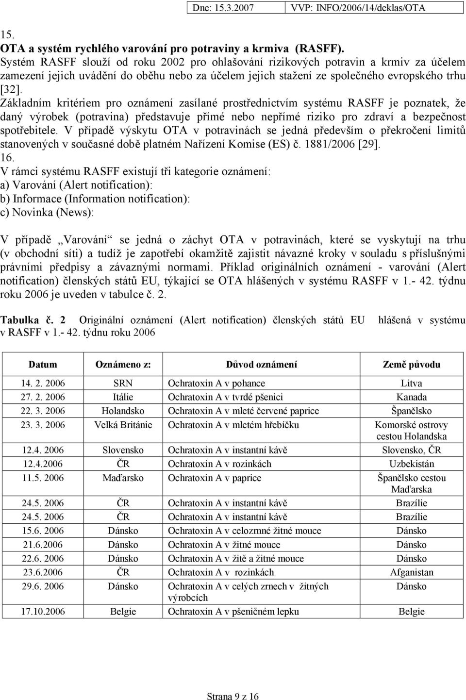 Základním kritériem pro oznámení zasílané prostřednictvím systému RASFF je poznatek, že daný výrobek (potravina) představuje přímé nebo nepřímé riziko pro zdraví a bezpečnost spotřebitele.