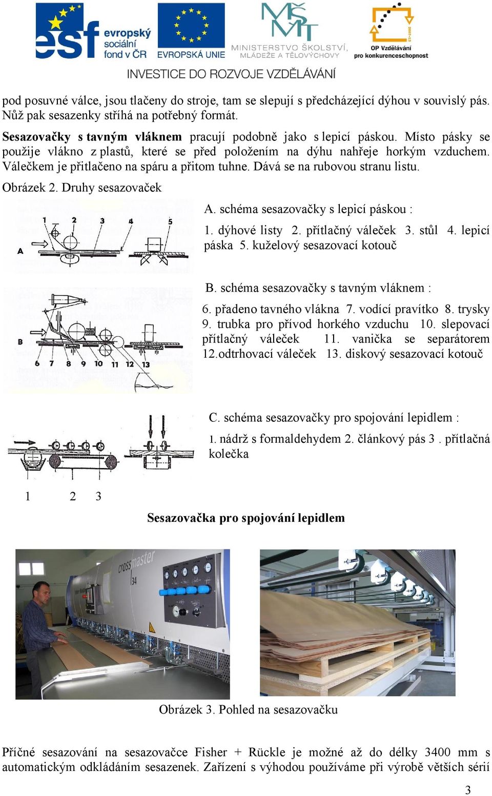 Válečkem je přitlačeno na spáru a přitom tuhne. Dává se na rubovou stranu listu. Obrázek 2. Druhy sesazovaček A. schéma sesazovačky s lepicí páskou : 1. dýhové listy 2. přítlačný váleček 3. stůl 4.