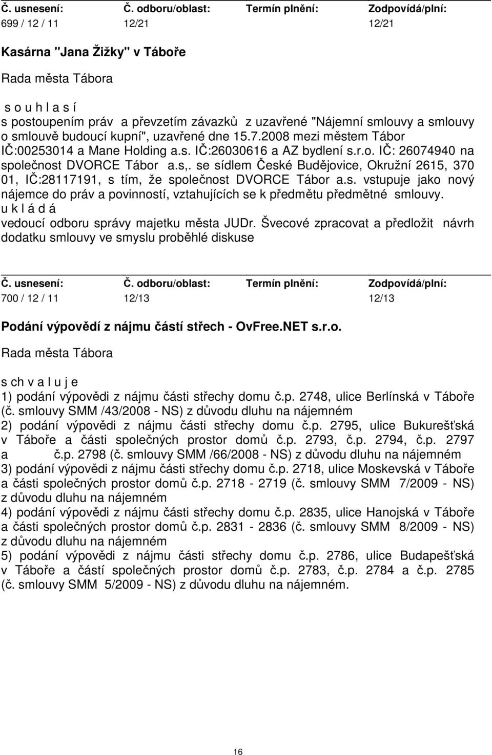 se sídlem České Budějovice, Okružní 2615, 370 01, IČ:28117191, s tím, že společnost DVORCE Tábor a.s. vstupuje jako nový nájemce do práv a povinností, vztahujících se k předmětu předmětné smlouvy.