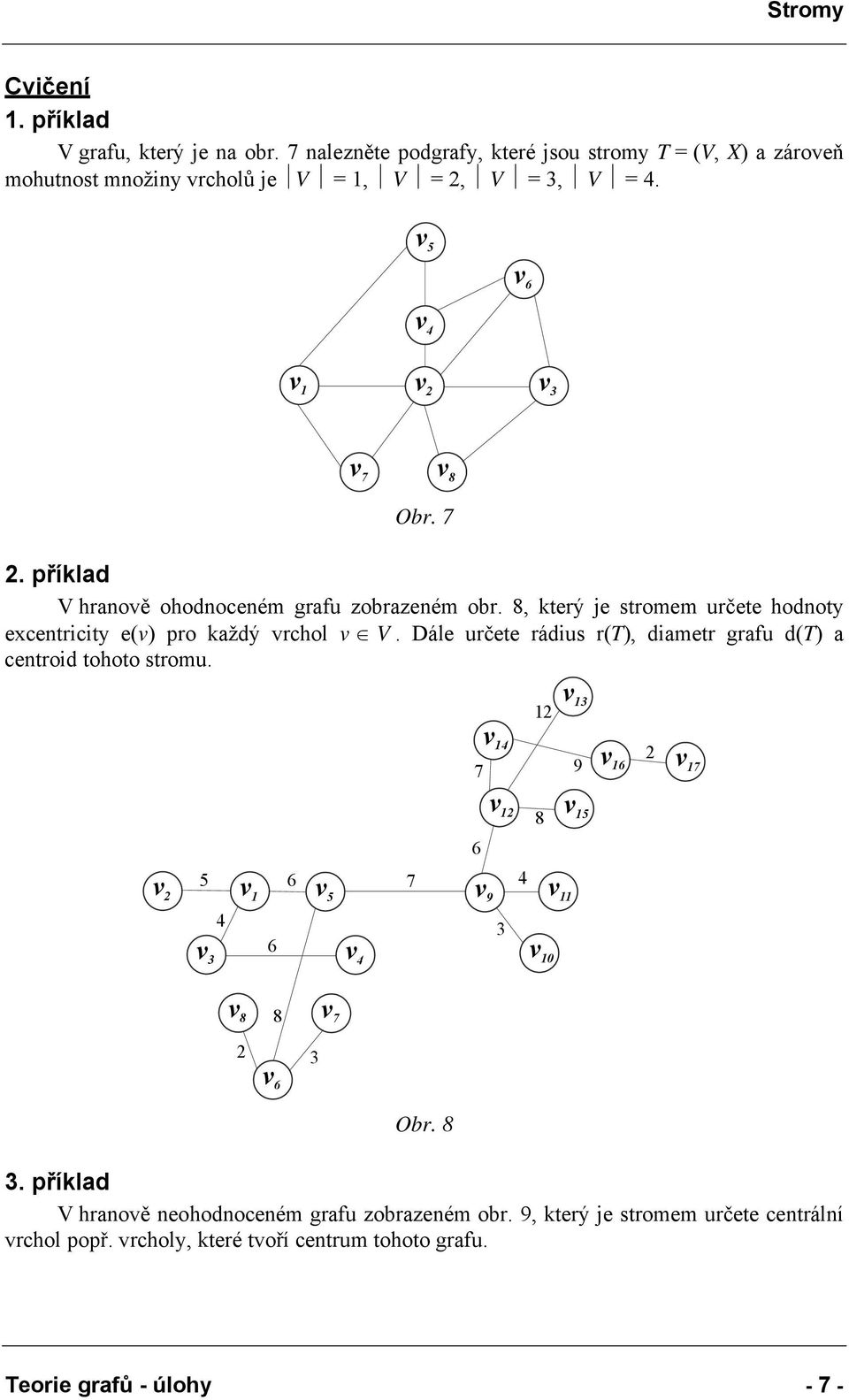 příklad V hranově ohodnoceném grafu zobrazeném obr., který je stromem určete hodnoty excentricity e(v) pro každý vrchol v V.