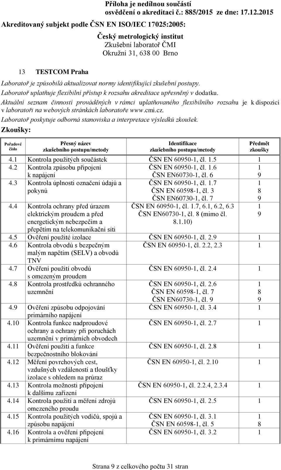 Aktuální seznam činností prováděných v rámci uplatňovaného flexibilního rozsahu je k dispozici v laboratoři na webových stránkách laboratoře www.cmi.cz.