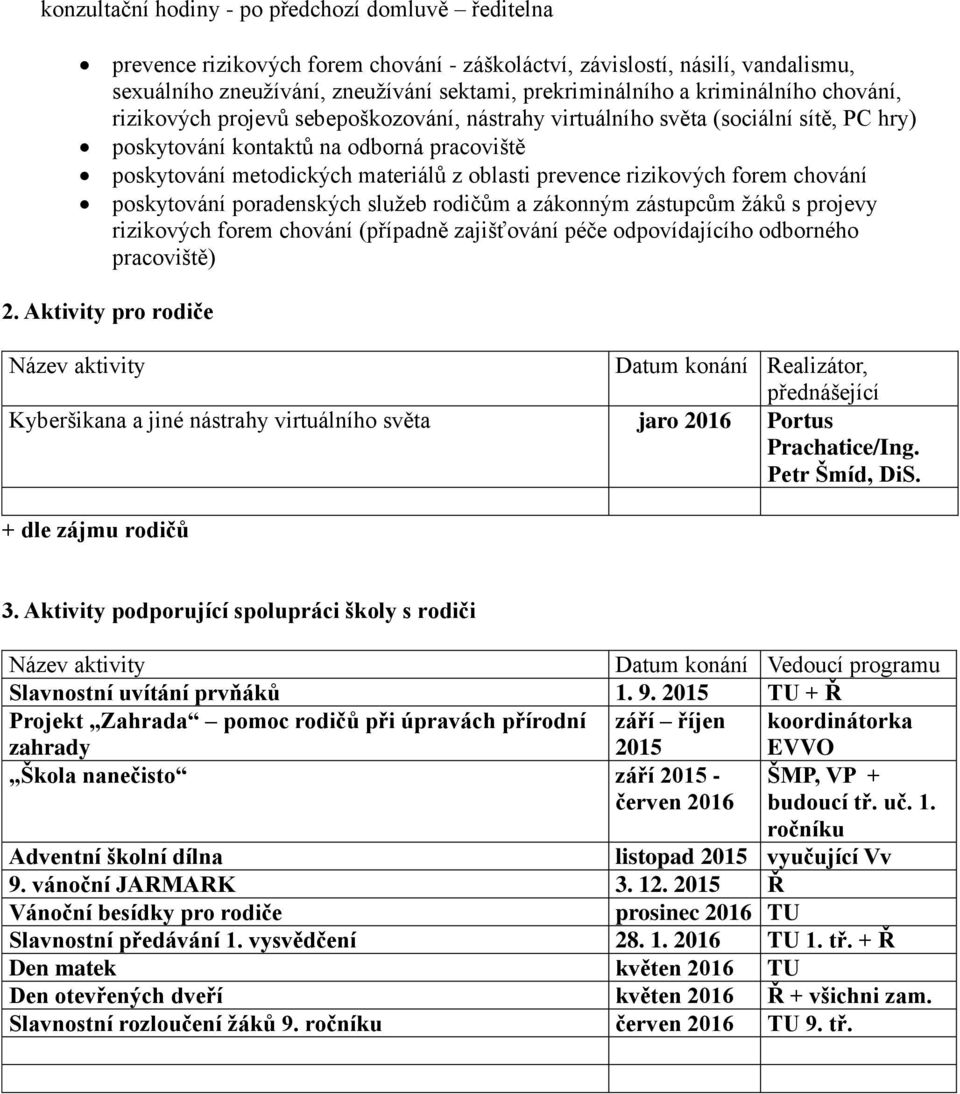 prevence rizikových forem chování poskytování poradenských služeb rodičům a zákonným zástupcům žáků s projevy rizikových forem chování (případně zajišťování péče odpovídajícího odborného pracoviště)