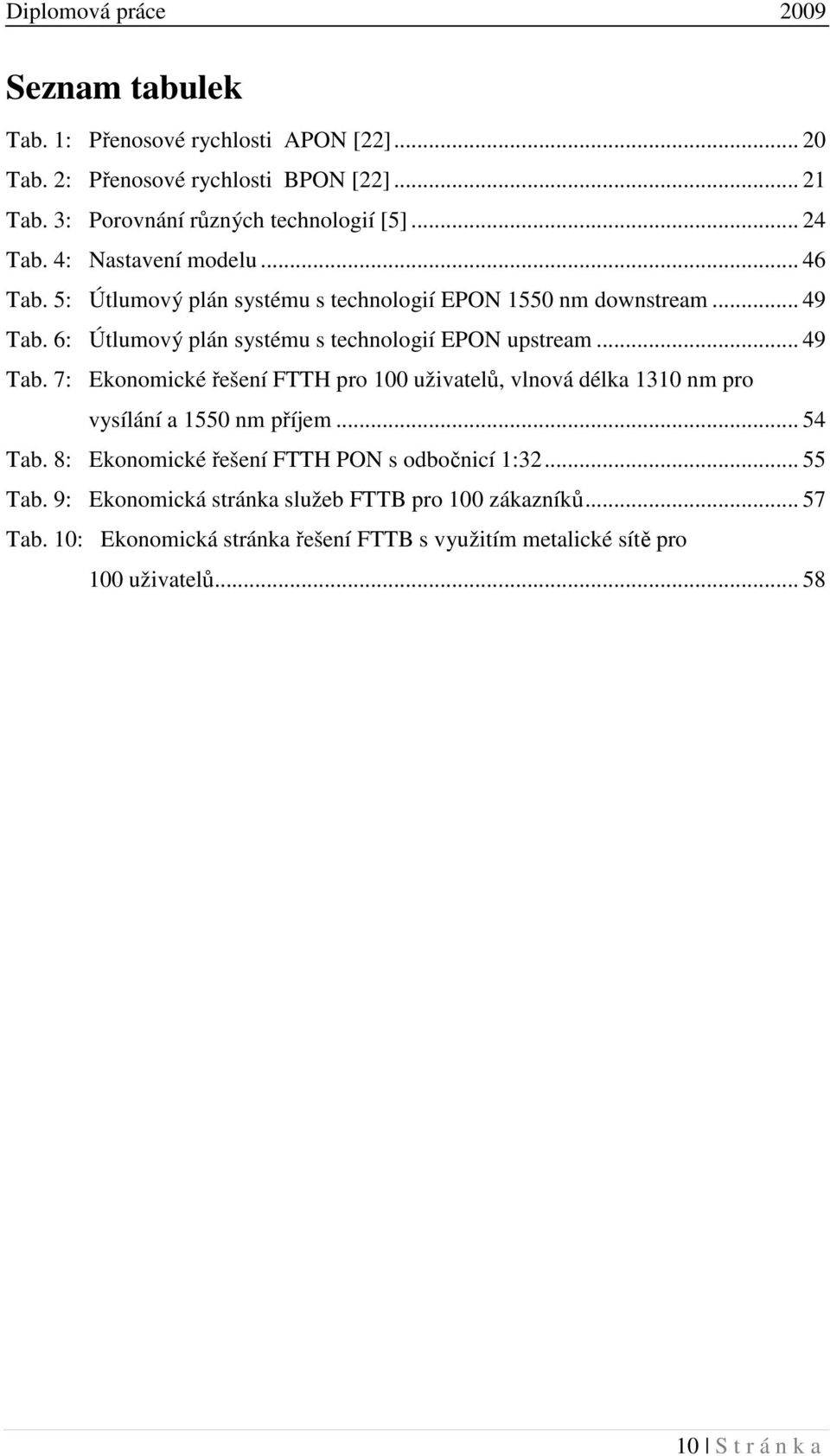 .. 49 Tab. 7: Ekonomické řešení FTTH pro 100 uživatelů, vlnová délka 1310 nm pro vysílání a 1550 nm příjem... 54 Tab.