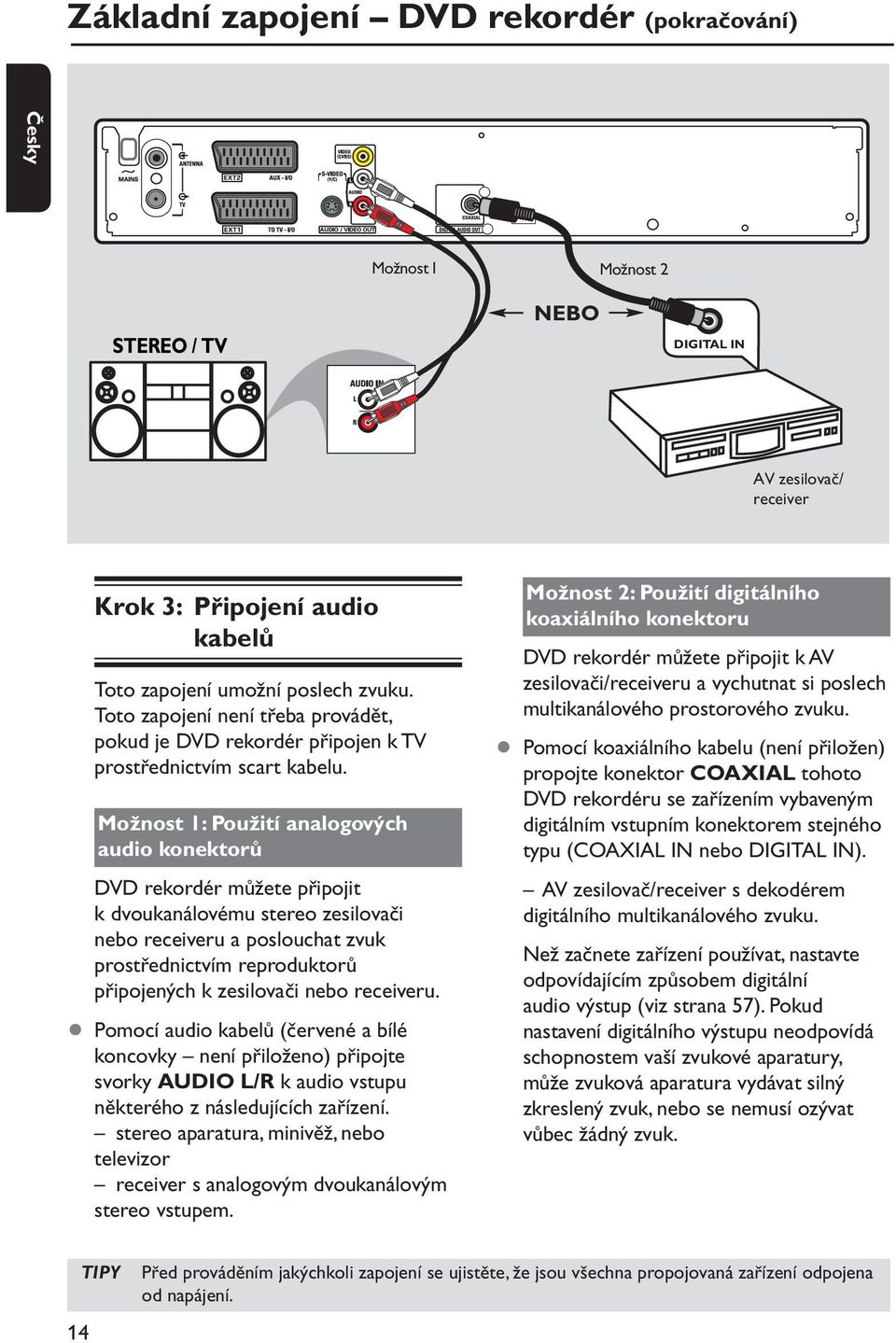 Možnost 1: Použití analogových audio konektorů DVD rekordér můžete připojit k dvoukanálovému stereo zesilovači nebo receiveru a poslouchat zvuk prostřednictvím reproduktorů připojených k zesilovači