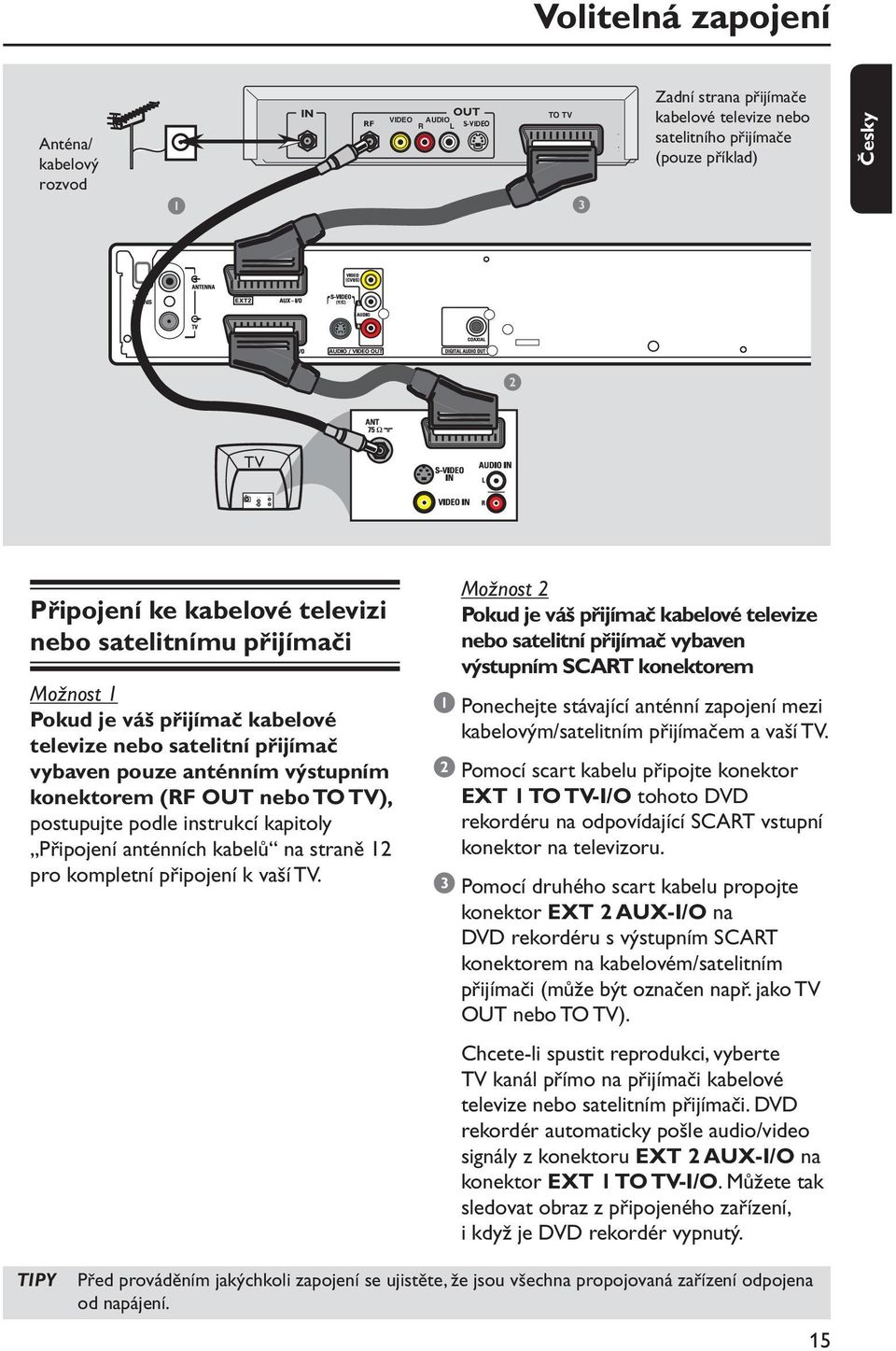 (RF OUT nebo TO TV), postupujte podle instrukcí kapitoly Připojení anténních kabelů na straně 12 pro kompletní připojení k vaší TV.
