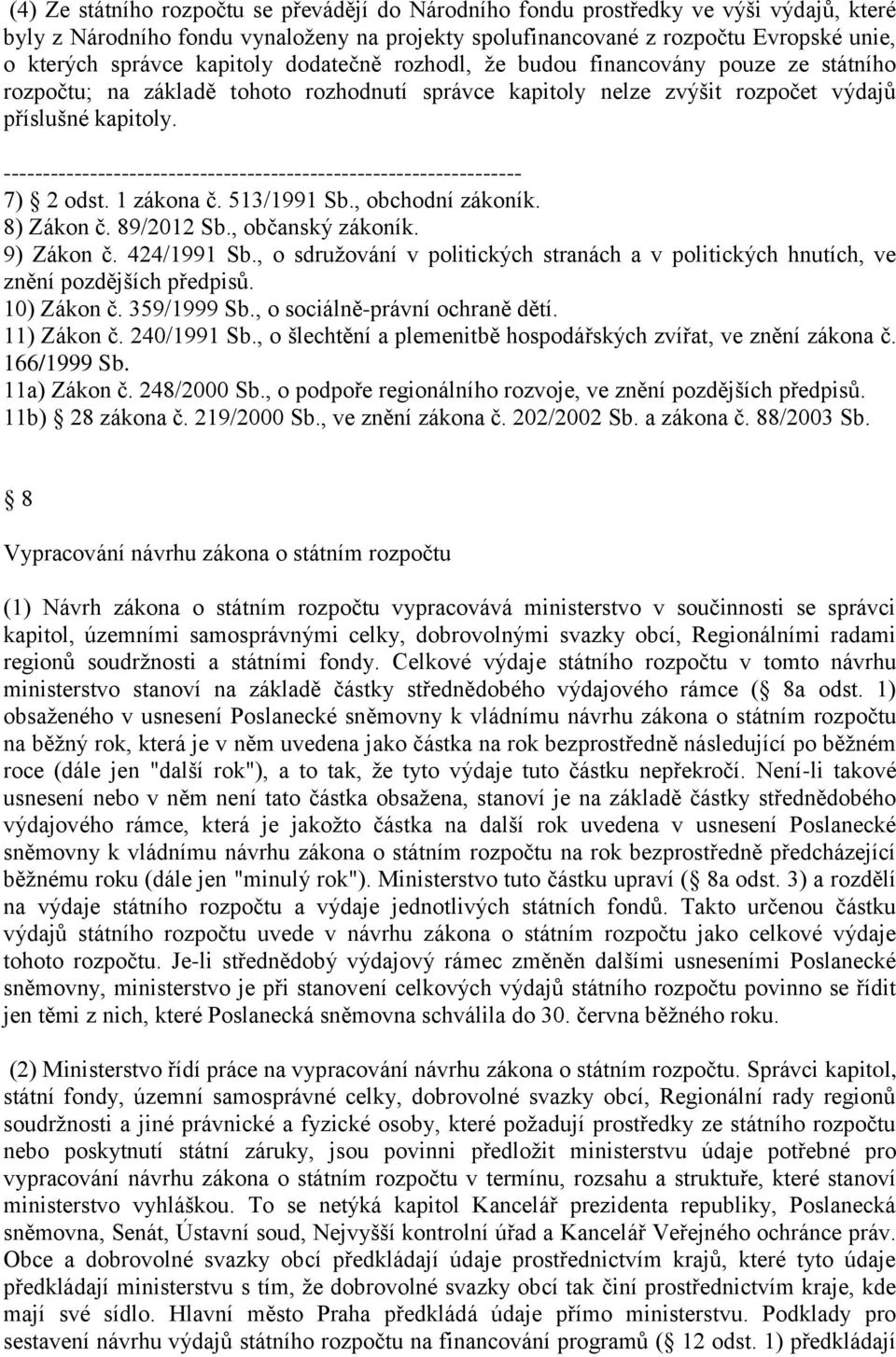 513/1991 Sb., obchodní zákoník. 8) Zákon č. 89/2012 Sb., občanský zákoník. 9) Zákon č. 424/1991 Sb., o sdružování v politických stranách a v politických hnutích, ve znění pozdějších předpisů.