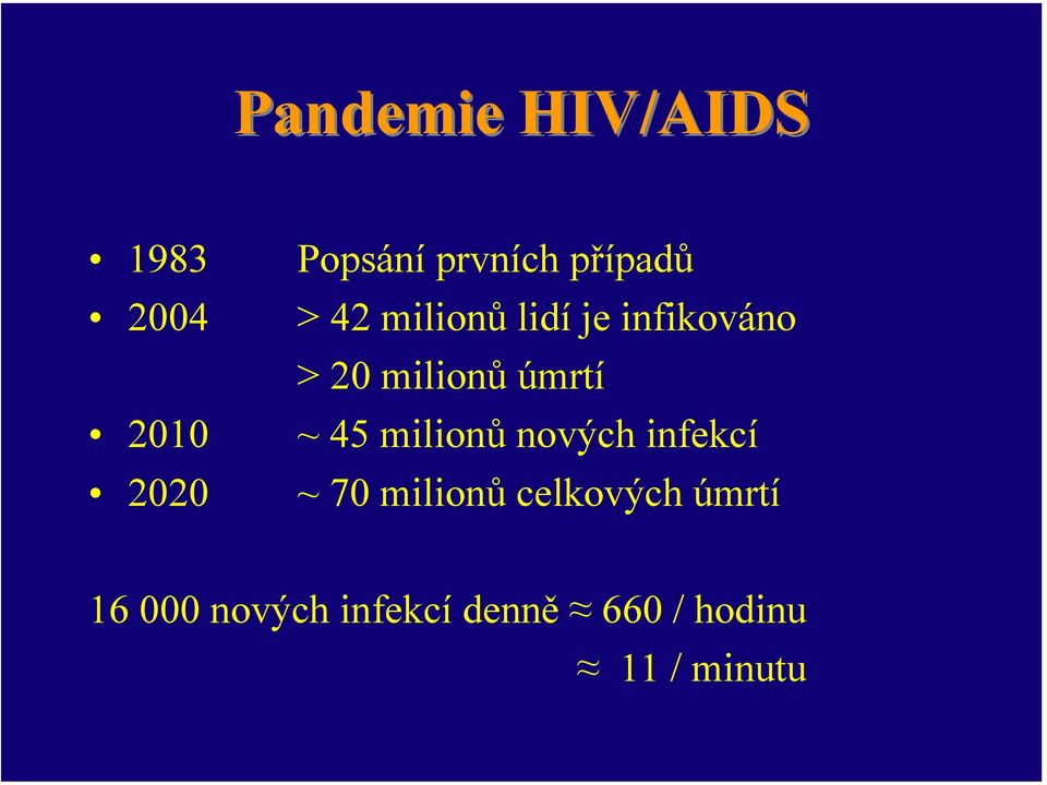 úmrtí ~ 45 milionů nových infekcí ~ 70 milionů