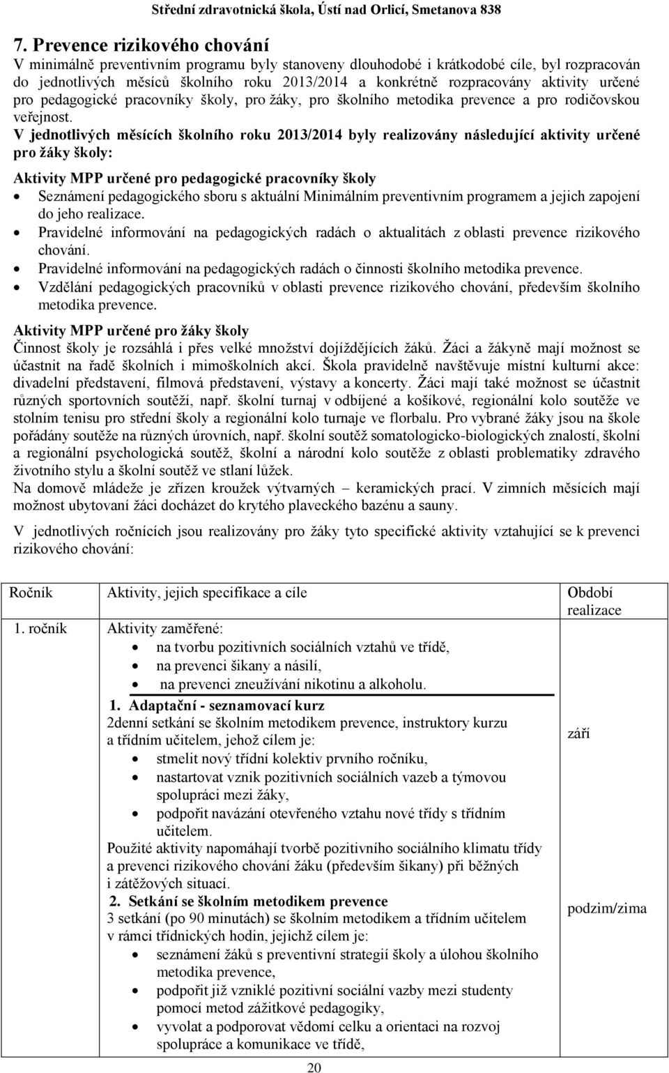 V jednotlivých měsících školního roku 2013/2014 byly realizovány následující aktivity určené pro žáky školy: Aktivity MPP určené pro pedagogické pracovníky školy Seznámení pedagogického sboru s