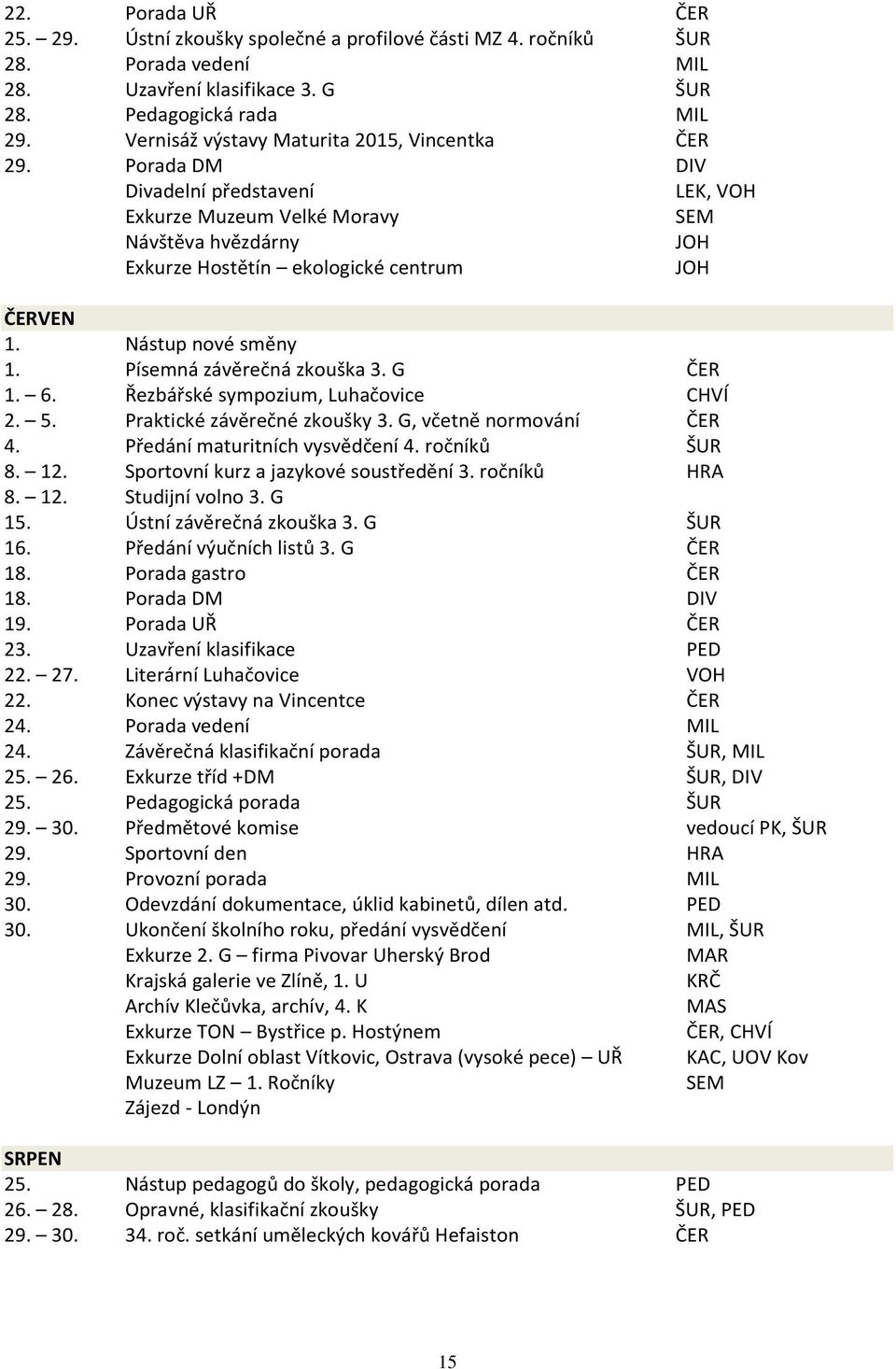 Nástup nové směny 1. Písemná závěrečná zkouška 3. G ČER 1. 6. Řezbářské sympozium, Luhačovice CHVÍ 2. 5. Praktické závěrečné zkoušky 3. G, včetně normování ČER 4. Předání maturitních vysvědčení 4.