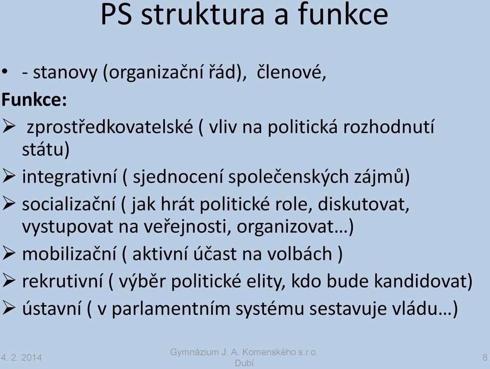 politické role, diskutovat, vystupovat na veřejnosti, organizovat ) mobilizační ( aktivní účast na