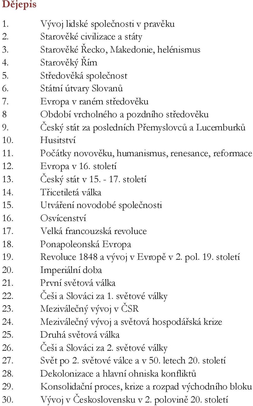 Evropa v 16. století 13. Český stát v 15. - 17. století 14. Třicetiletá válka 15. Utváření novodobé společnosti 16. Osvícenství 17. Velká francouzská revoluce 18. Ponapoleonská Evropa 19.