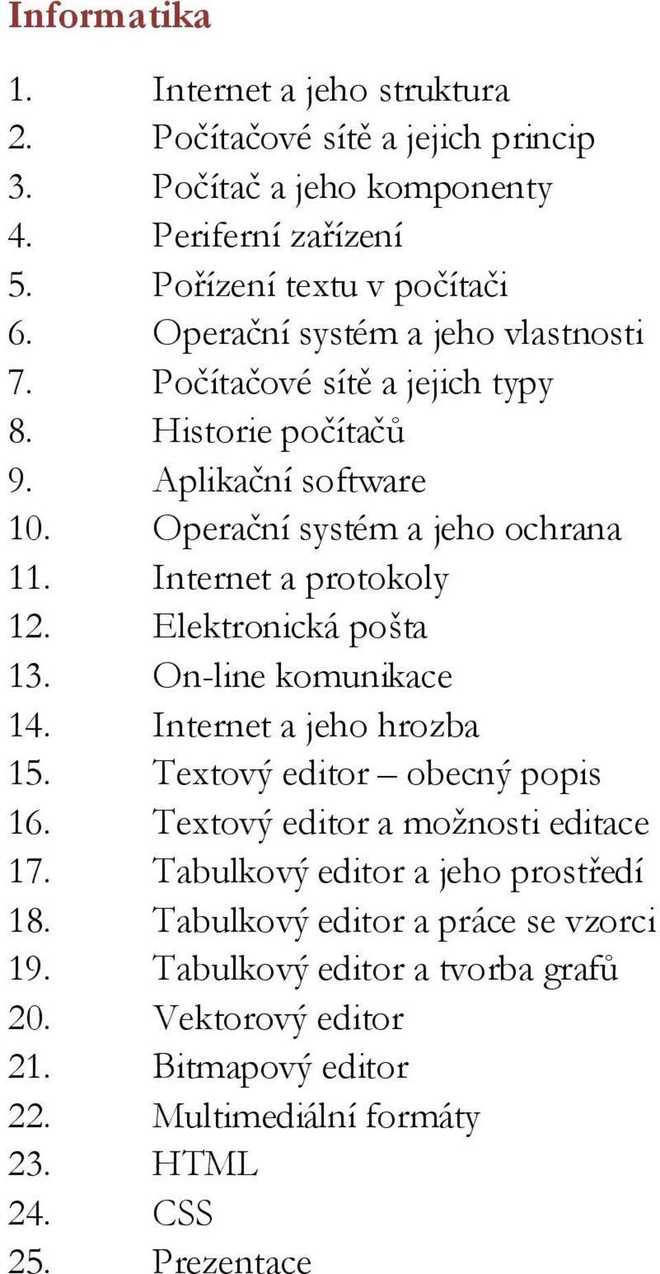 Internet a protokoly 12. Elektronická pošta 13. On-line komunikace 14. Internet a jeho hrozba 15. Textový editor obecný popis 16. Textový editor a možnosti editace 17.