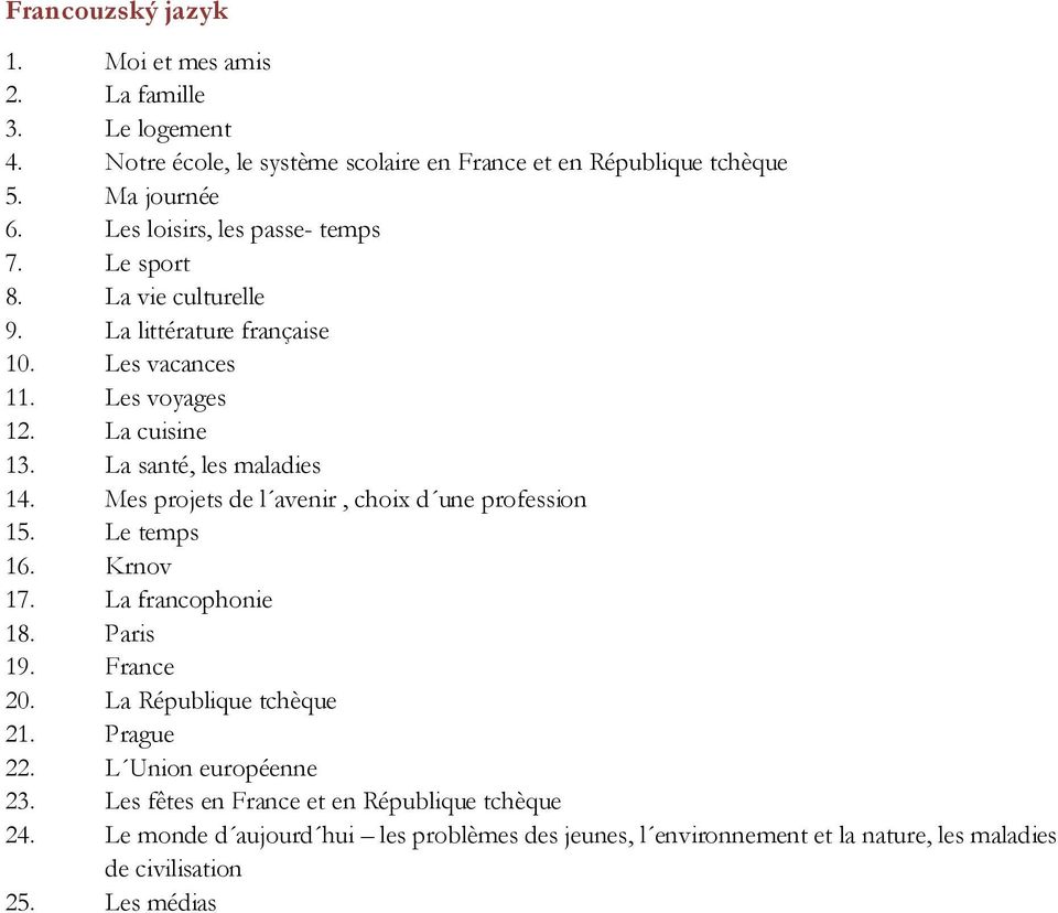 La santé, les maladies 14. Mes projets de l avenir, choix d une profession 15. Le temps 16. Krnov 17. La francophonie 18. Paris 19. France 20. La République tchèque 21.