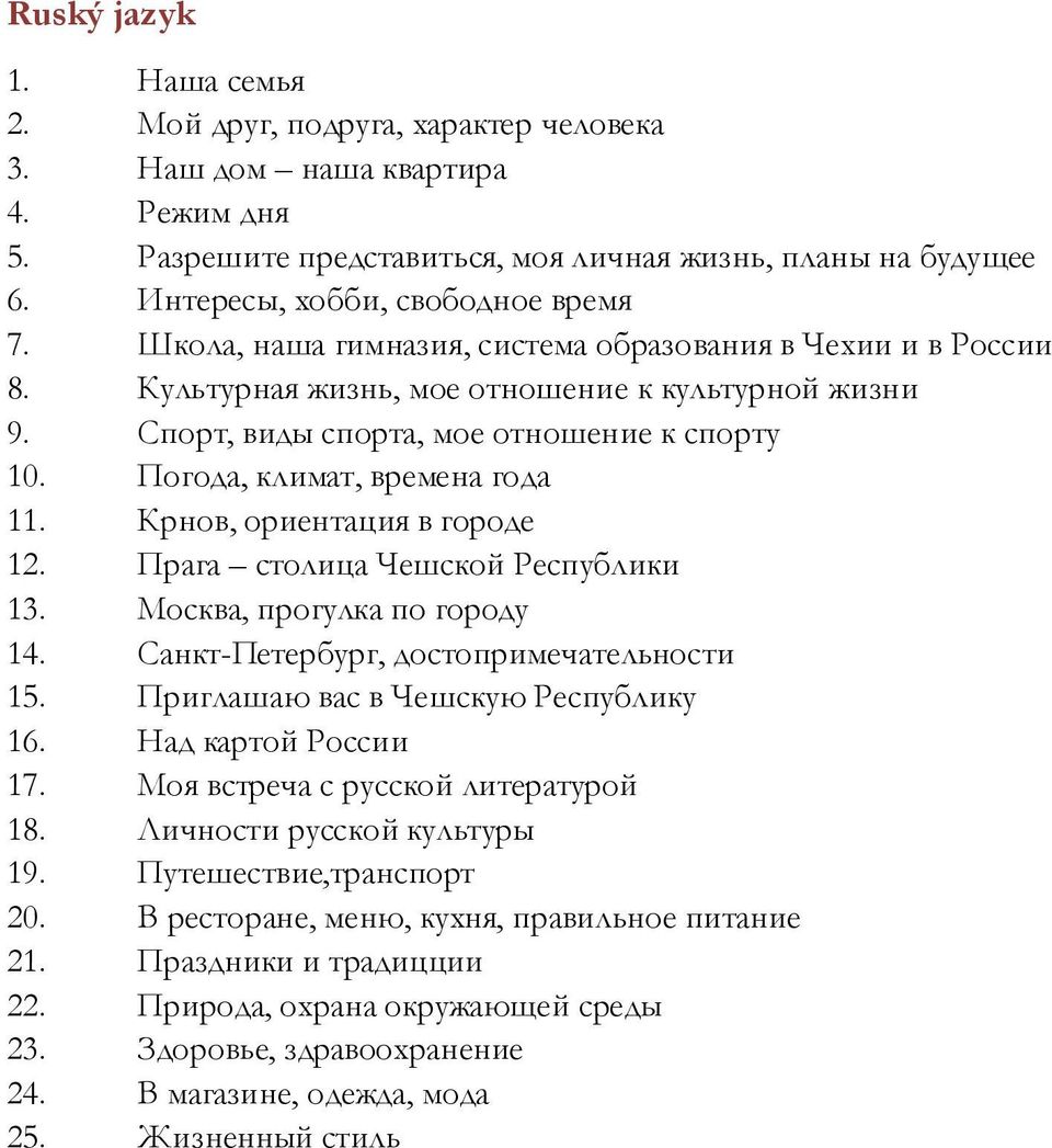 Погода, климат, времена года 11. Крнов, ориентация в городе 12. Прага столица Чешской Республики 13. Москва, прогулка по городу 14. Санкт-Петербург, достопримечательности 15.