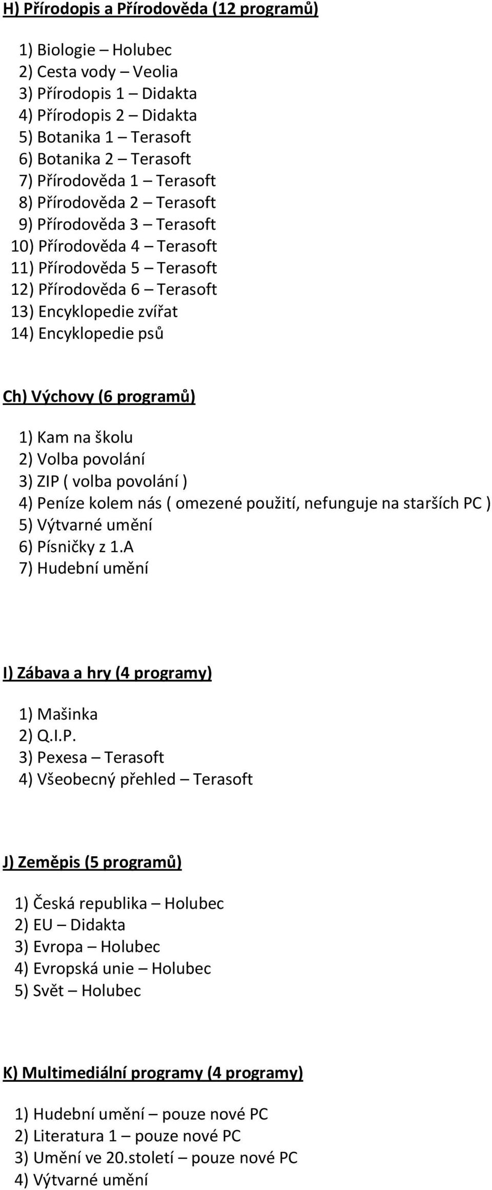 (6 programů) 1) Kam na školu 2) Volba povolání 3) ZIP ( volba povolání ) 4) Peníze kolem nás ( omezené použití, nefunguje na starších PC ) 5) Výtvarné umění 6) Písničky z 1.