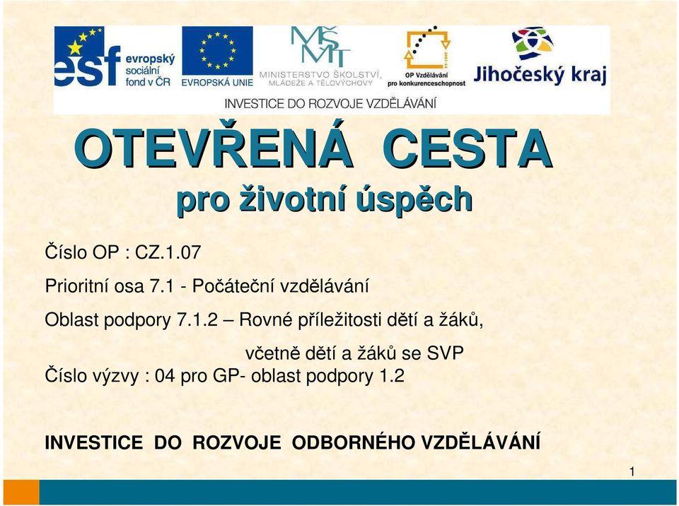 1 - Počáteční vzdělávání Oblast podpory 7.1.2 Rovné příležitosti