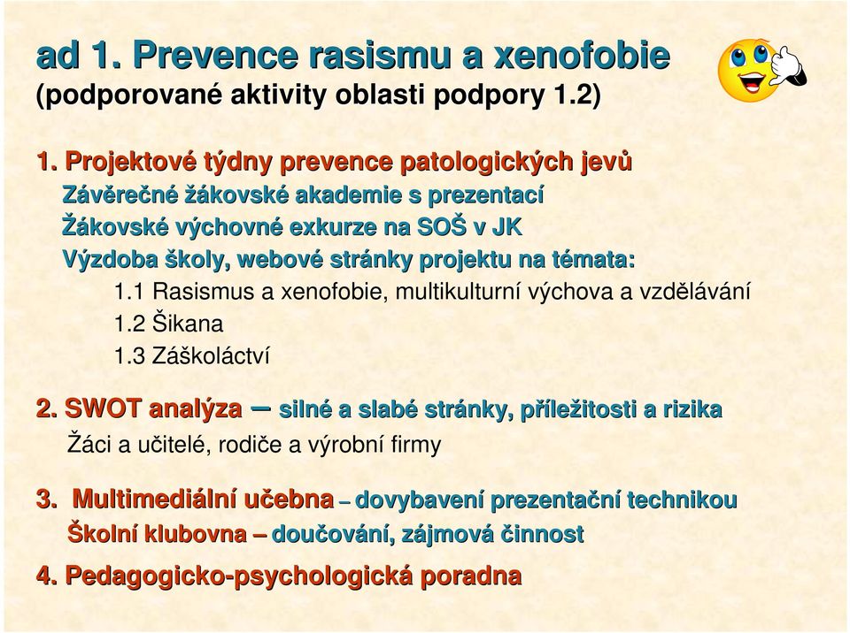 stránky projektu na témata: t 1.1 Rasismus a xenofobie, multikulturní výchova a vzdělávání 1.2 Šikana 1.3 Záškoláctví 2.