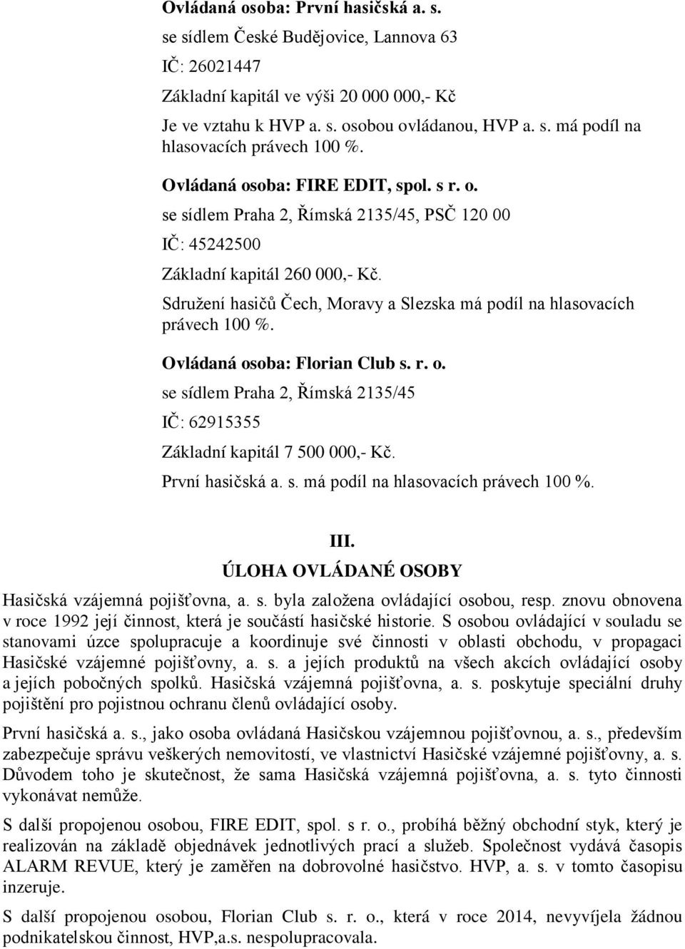 Sdružení hasičů Čech, Moravy a Slezska má podíl na hlasovacích právech 100 %. Ovládaná osoba: Florian Club s. r. o. se sídlem Praha 2, Římská 2135/45 IČ: 62915355 Základní kapitál 7 500 000,- Kč.