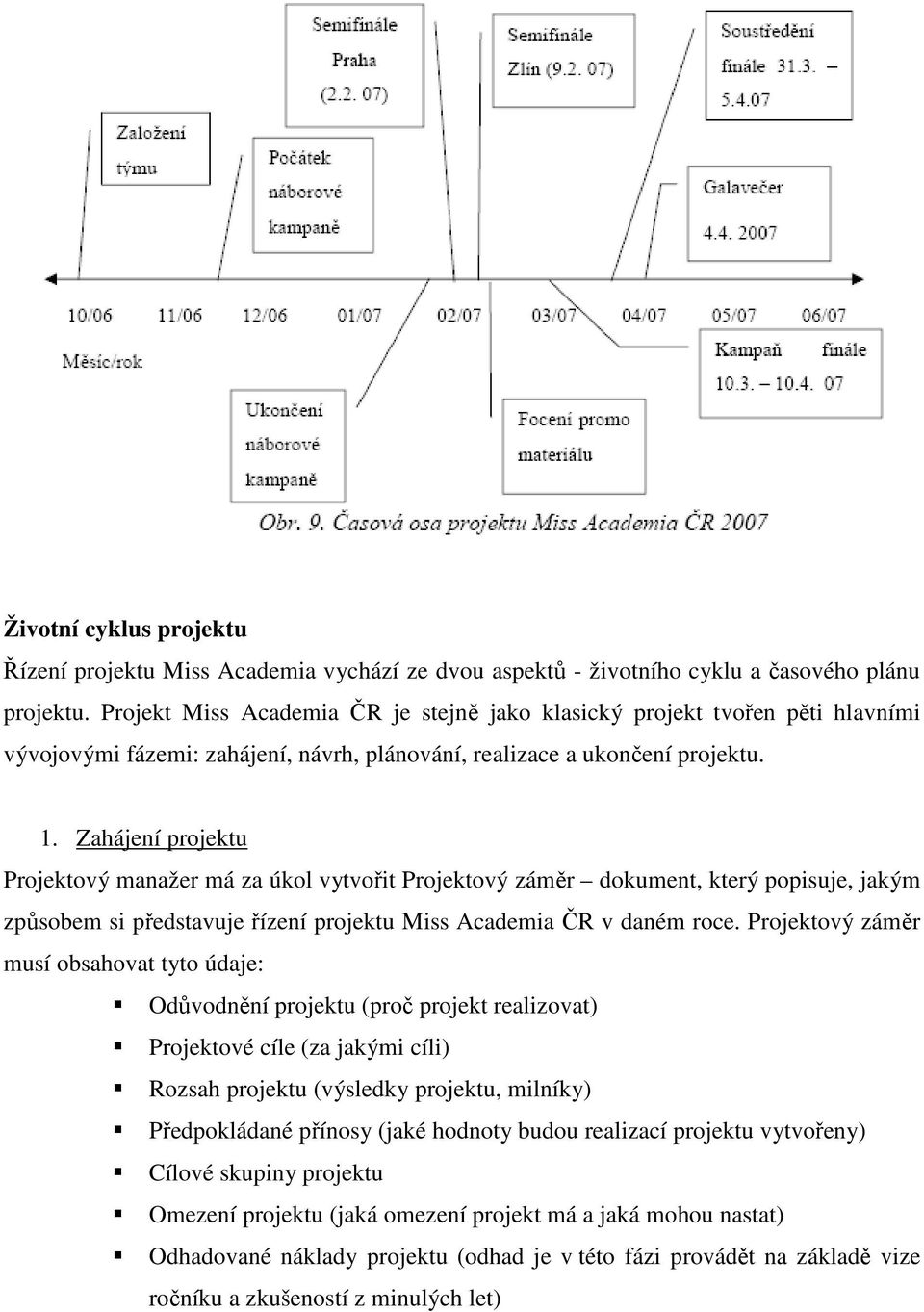 Zahájení projektu Projektový manažer má za úkol vytvořit Projektový záměr dokument, který popisuje, jakým způsobem si představuje řízení projektu Miss Academia ČR v daném roce.