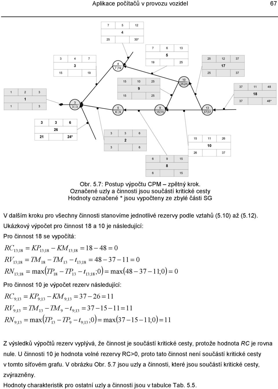 Označené uzly a činnosti jsou součástí kritické cesty Hodnoty označené * jsou vypočteny ze zbylé části SG V dalším kroku pro všechny činnosti stanovíme jednotlivé rezervy podle vztahů (5.10) až (5.