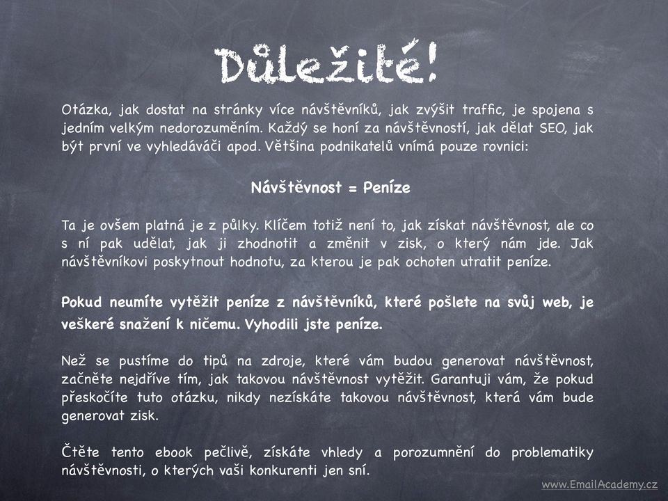 Klíčem totiž není to, jak získat návštěvnost, ale co s ní pak udělat, jak ji zhodnotit a změnit v zisk, o který nám jde. Jak návštěvníkovi poskytnout hodnotu, za kterou je pak ochoten utratit peníze.