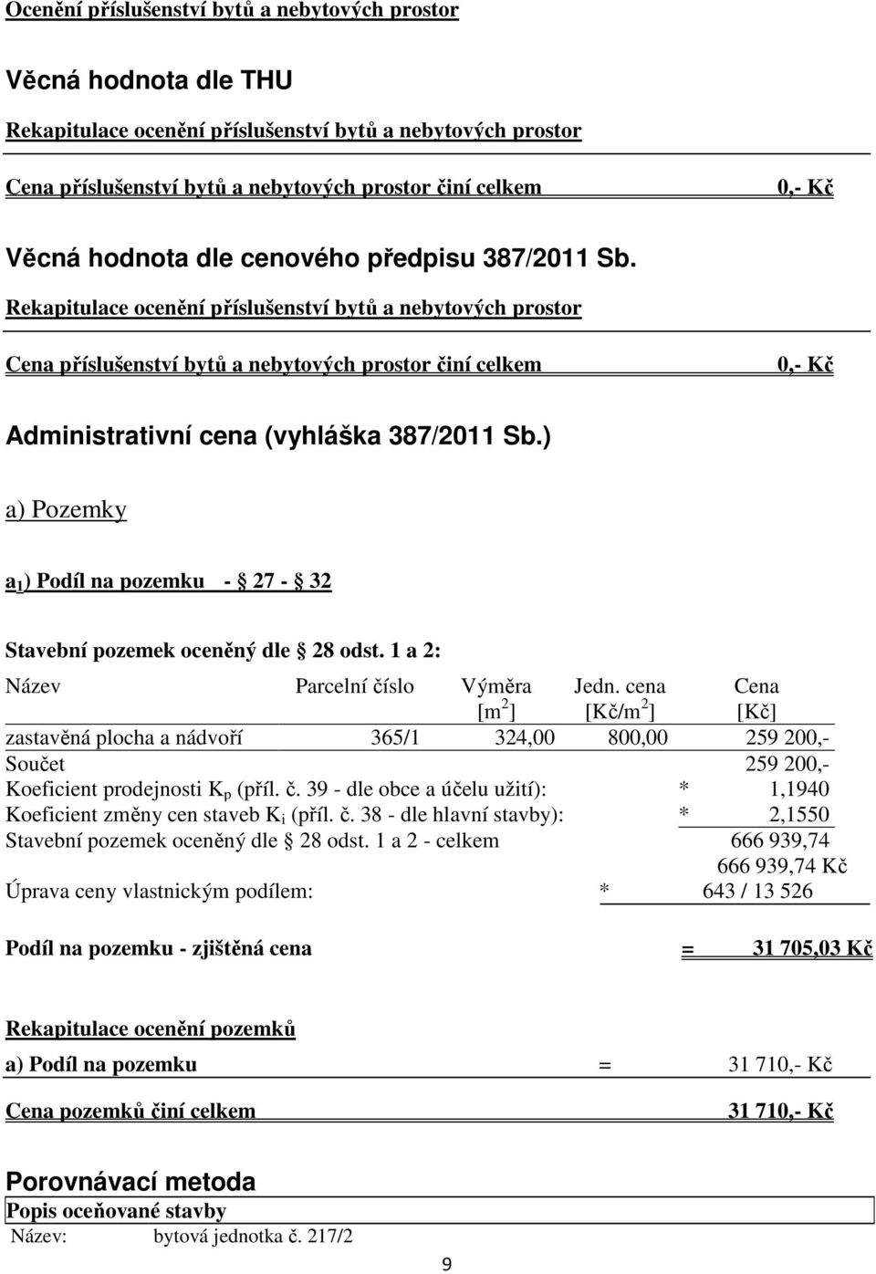 Rekapitulace ocenění příslušenství bytů a nebytových prostor Cena příslušenství bytů a nebytových prostor činí celkem 0,- Kč Administrativní cena (vyhláška 387/2011 Sb.