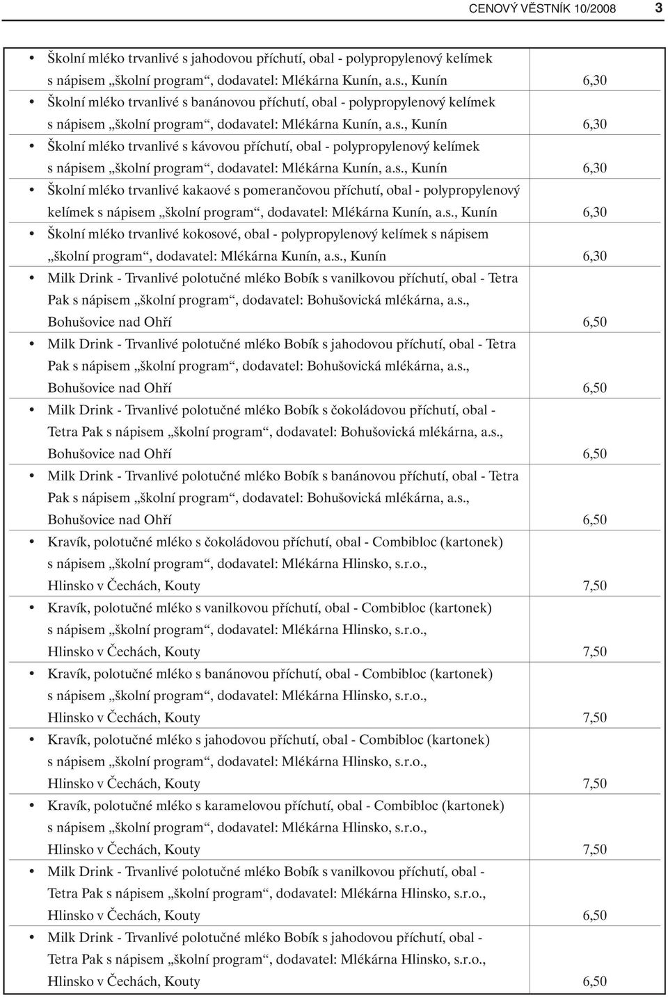 s., Kunín 6,30 Školní mléko trvanlivé kokosové, obal - polypropylenový kelímek s nápisem školní program, dodavatel: Mlékárna Kunín, a.s., Kunín 6,30 Milk Drink - Trvanlivé polotučné mléko Bobík s vanilkovou příchutí, obal - Tetra Pak s nápisem školní program, dodavatel: Bohušovická mlékárna, a.