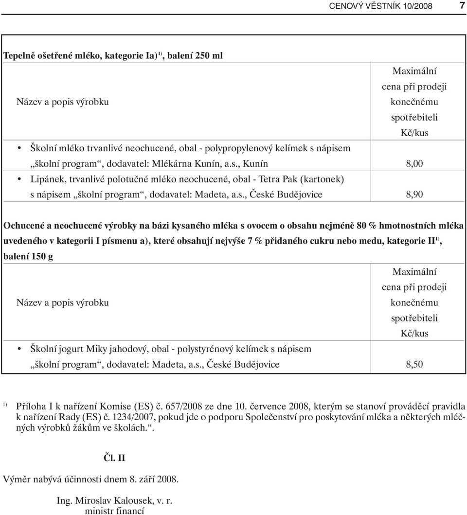 s., České Budějovice 8,90 Ochucené a neochucené výrobky na bázi kysaného mléka s ovocem o obsahu nejméně 80 % hmotnostních mléka uvedeného v kategorii I písmenu a), které obsahují nejvýše 7 %