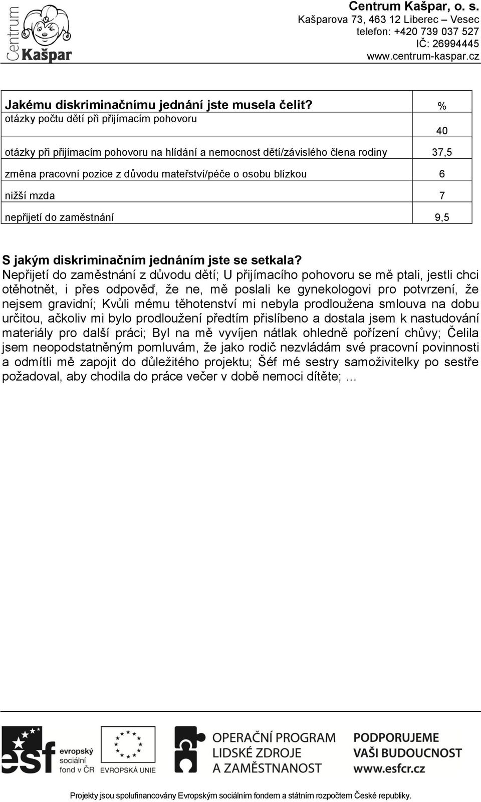 nižší mzda 7 nepřijetí do zaměstnání 9,5 S jakým diskriminačním jednáním jste se setkala?