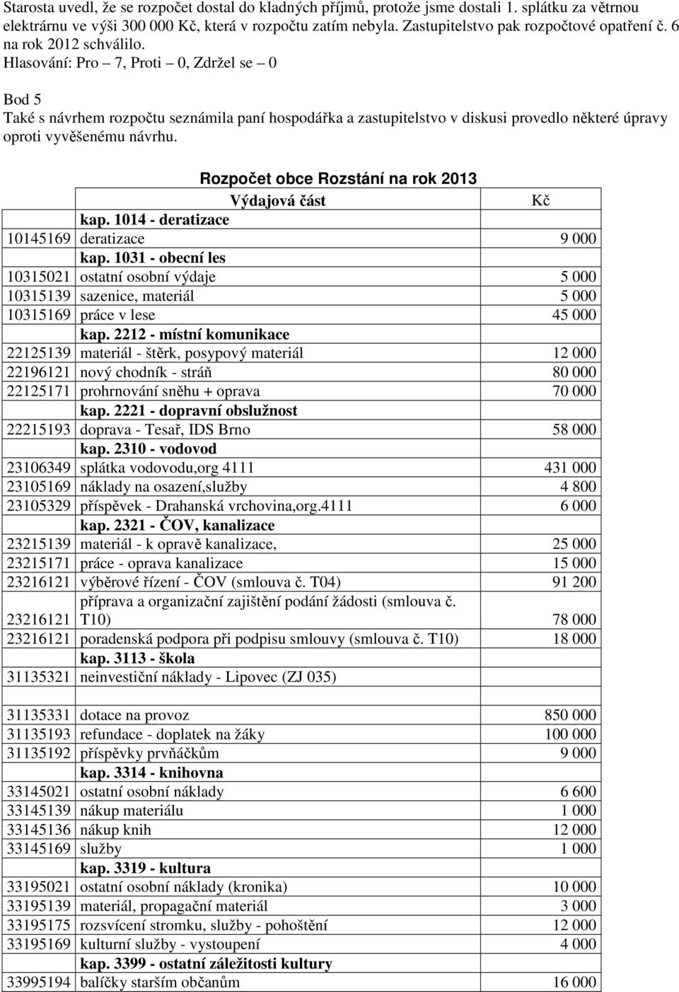 Rozpočet obce Rozstání na rok 2013 Výdajová část Kč kap. 1014 - deratizace 10145169 deratizace 9 000 kap.