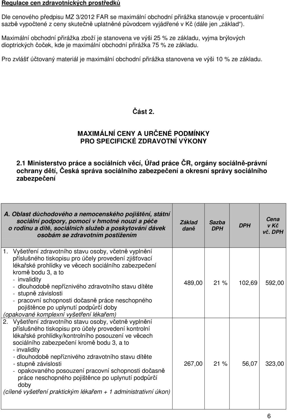 Pro zvlášť účtovaný materiál je maximální obchodní přirážka stanovena ve výši 10 % ze základu. Část 2. MAXIMÁLNÍ CENY A URČENÉ PODMÍNKY PRO SPECIFICKÉ ZDRAVOTNÍ VÝKONY 2.