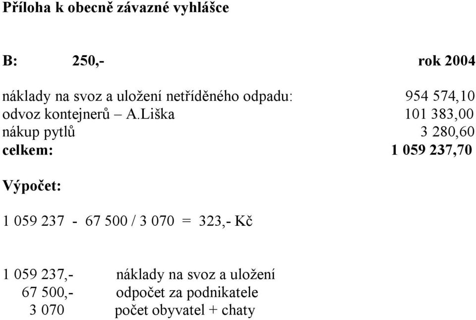 Liška 101 383,00 nákup pytlů 3 280,60 celkem: 1 059 237,70 Výpočet: 1 059 237-67