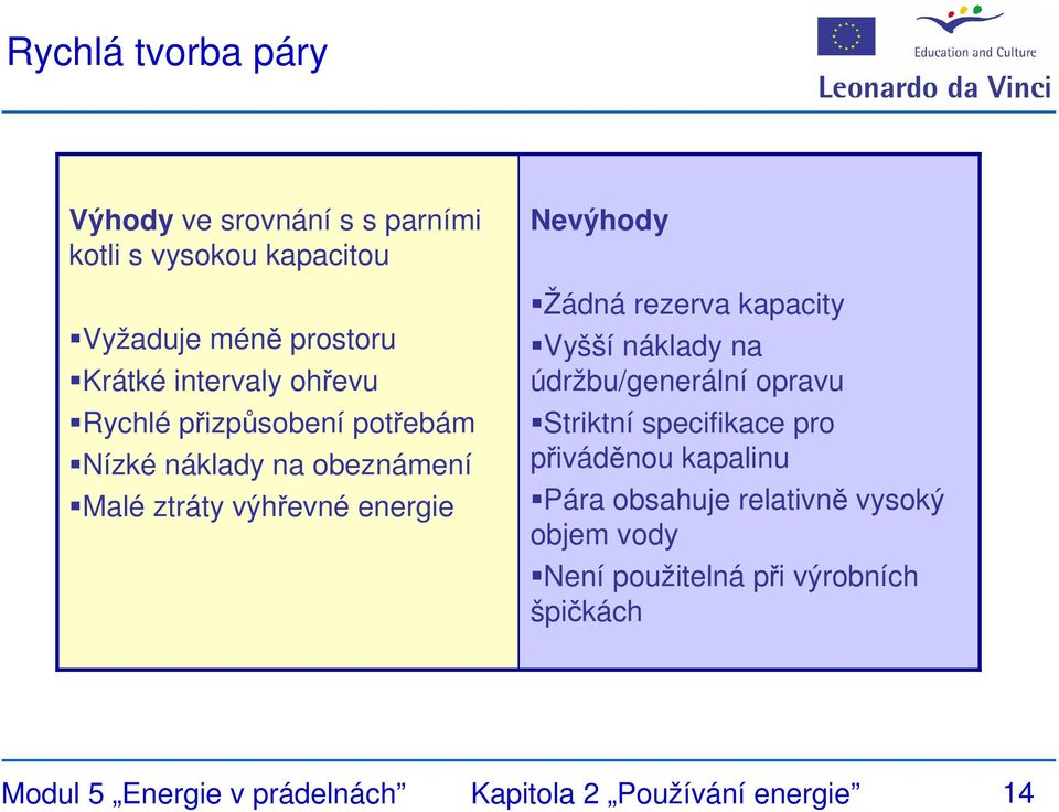 kapacity Vyšší náklady na údržbu/generální opravu Striktní specifikace pro přiváděnou kapalinu Pára obsahuje