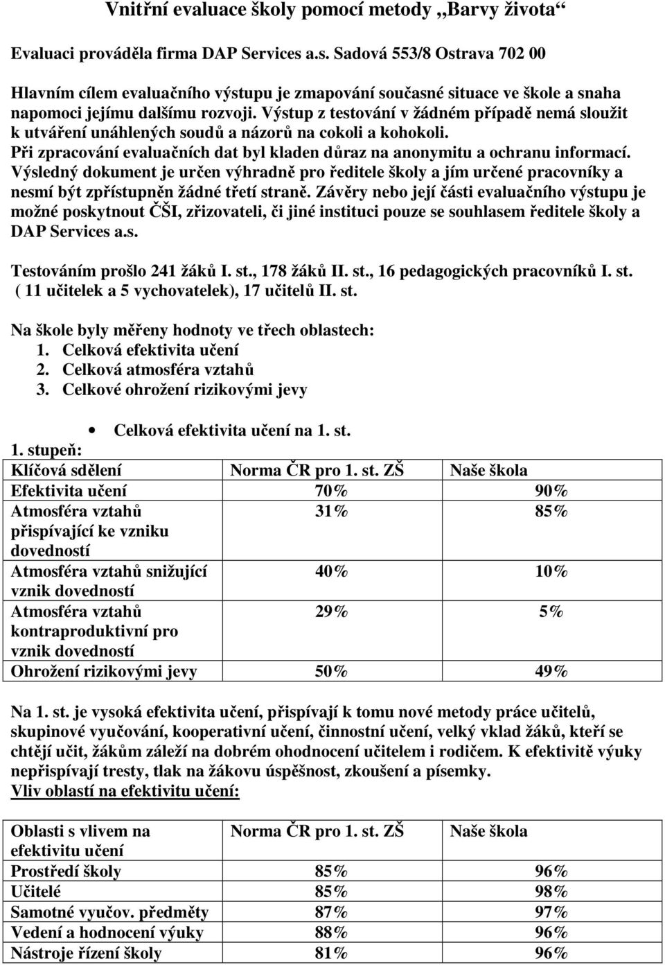 Výstup z testování v žádném případě nemá sloužit k utváření unáhlených soudů a názorů na cokoli a kohokoli. Při zpracování evaluačních dat byl kladen důraz na anonymitu a ochranu informací.