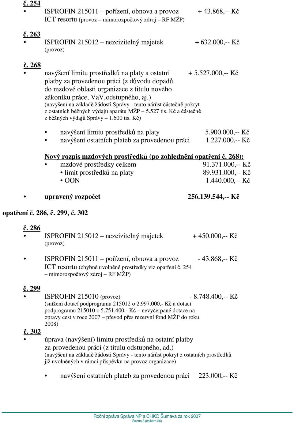 ) (navýšení na základě žádosti Správy - tento nárůst částečně pokryt z ostatních běžných výdajů aparátu MŽP 5.527 tis. Kč a částečně z běžných výdajů Správy 1.600 tis.