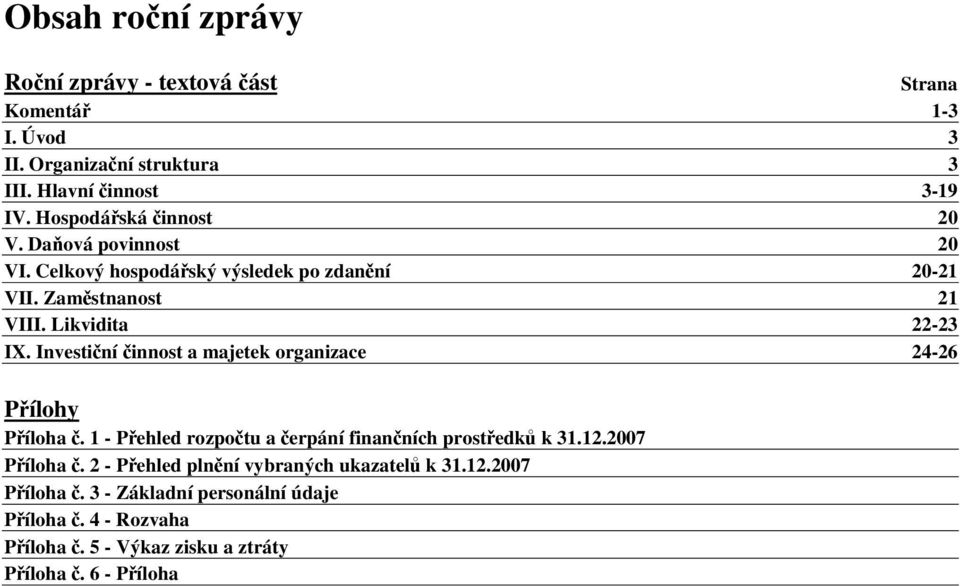 Investiční činnost a majetek organizace 24-26 Přílohy Příloha č. 1 - Přehled rozpočtu a čerpání finančních prostředků k 31.12.2007 Příloha č.