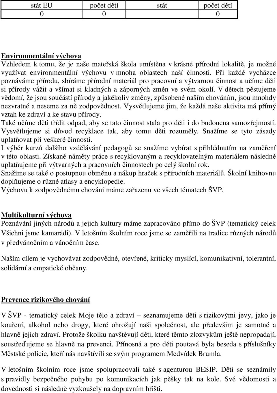 Při každé vycházce poznáváme přírodu, sbíráme přírodní materiál pro pracovní a výtvarnou činnost a učíme děti si přírody vážit a všímat si kladných a záporných změn ve svém okolí.