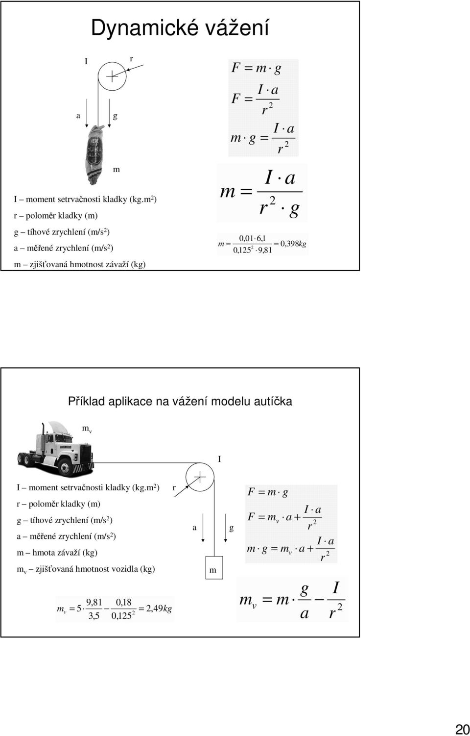 r m I r = a g,1 6,1 m = =, 398kg,15 9,81 Příklad aplikace na vážení modelu autíčka m v I I moment setrvačnosti kladky (kg.
