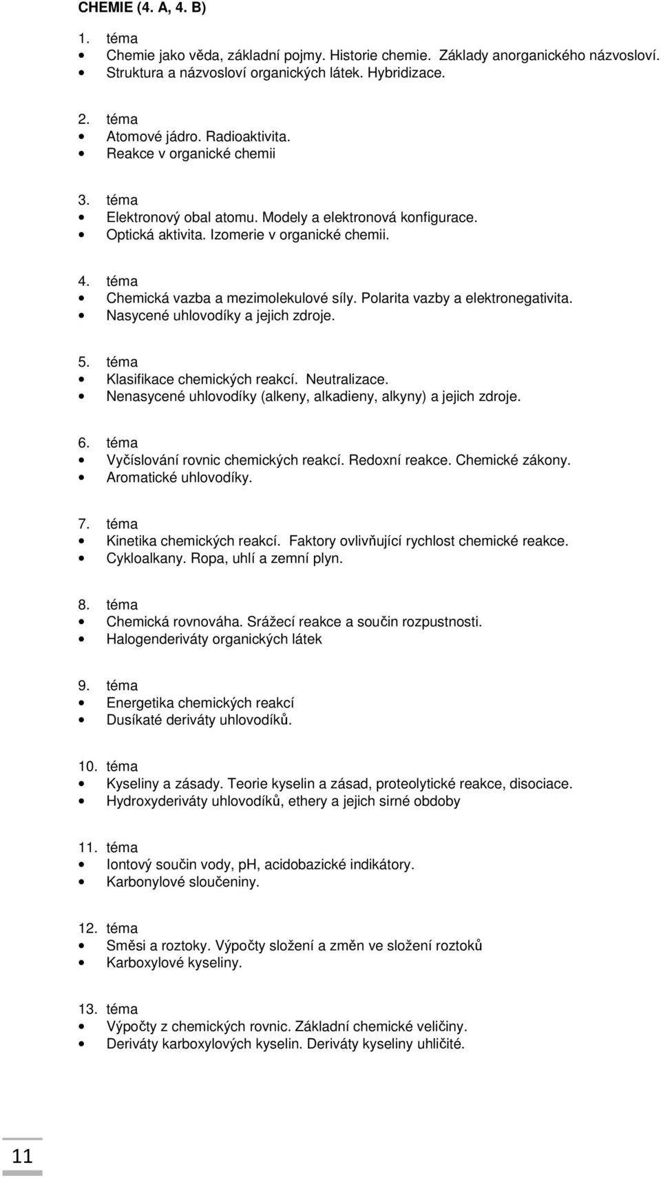 Polarita vazby a elektronegativita. Nasycené uhlovodíky a jejich zdroje. 5. téma Klasifikace chemických reakcí. Neutralizace. Nenasycené uhlovodíky (alkeny, alkadieny, alkyny) a jejich zdroje. 6.