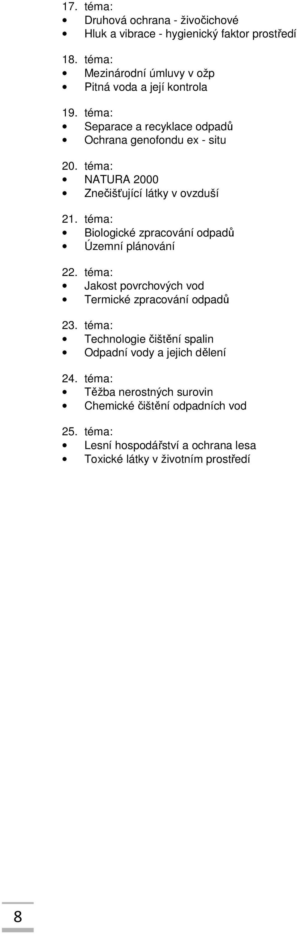 téma: NATURA 2000 Znečišťující látky v ovzduší 21. téma: Biologické zpracování odpadů Územní plánování 22.