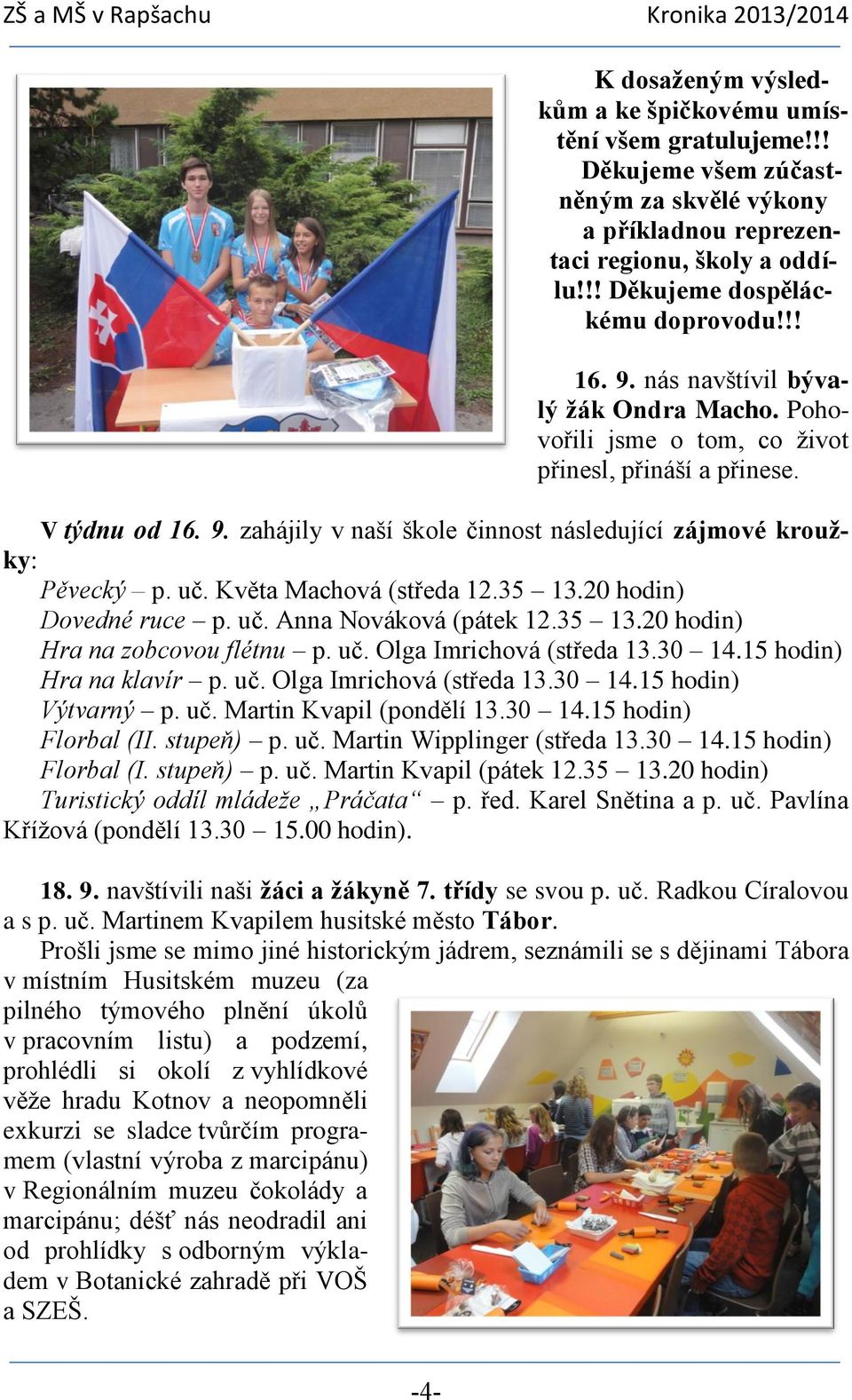 Květa Machová (středa 12.35 13.20 hodin) Dovedné ruce p. uč. Anna Nováková (pátek 12.35 13.20 hodin) Hra na zobcovou flétnu p. uč. Olga Imrichová (středa 13.30 14.15 hodin) Hra na klavír p. uč. Olga Imrichová (středa 13.30 14.15 hodin) Výtvarný p.