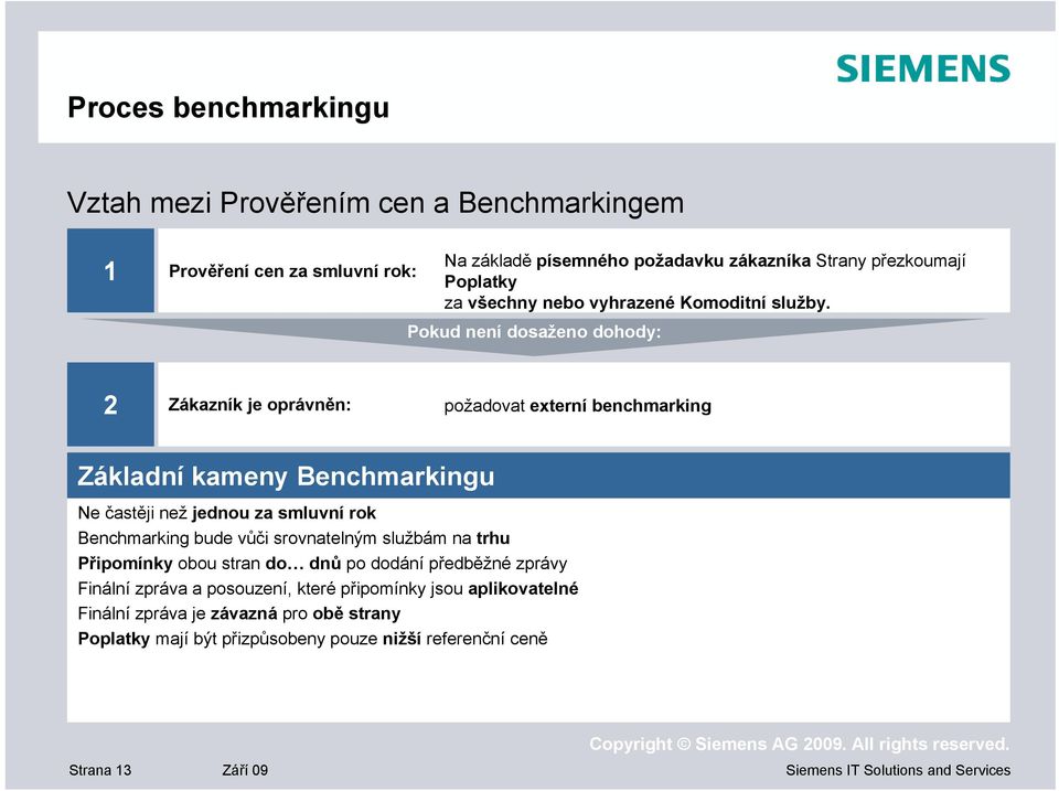 Pokud není dosaženo dohody: 2 Zákazník je oprávněn: požadovat externí benchmarking Základní kameny Benchmarkingu Ne častěji než jednou za smluvní rok