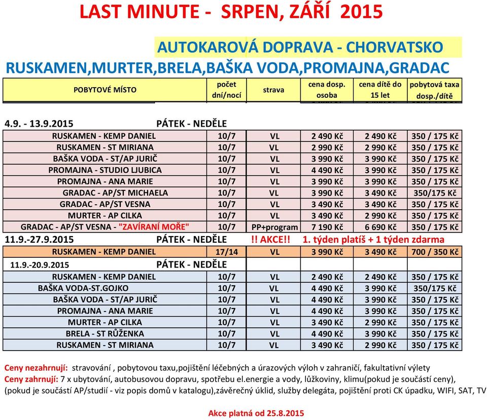 /dítě 350 / 175 Kč 10/7 VL 2 490 Kč 2 490 Kč 350 / 175 Kč RUSKAMEN - ST MIRIANA 10/7 VL 2 990 Kč 2 990 Kč 350 / 175 Kč BAŠKA VODA - ST/AP JURIČ 10/7 VL 3 990 Kč 3 990 Kč 350 / 175 Kč PROMAJNA -